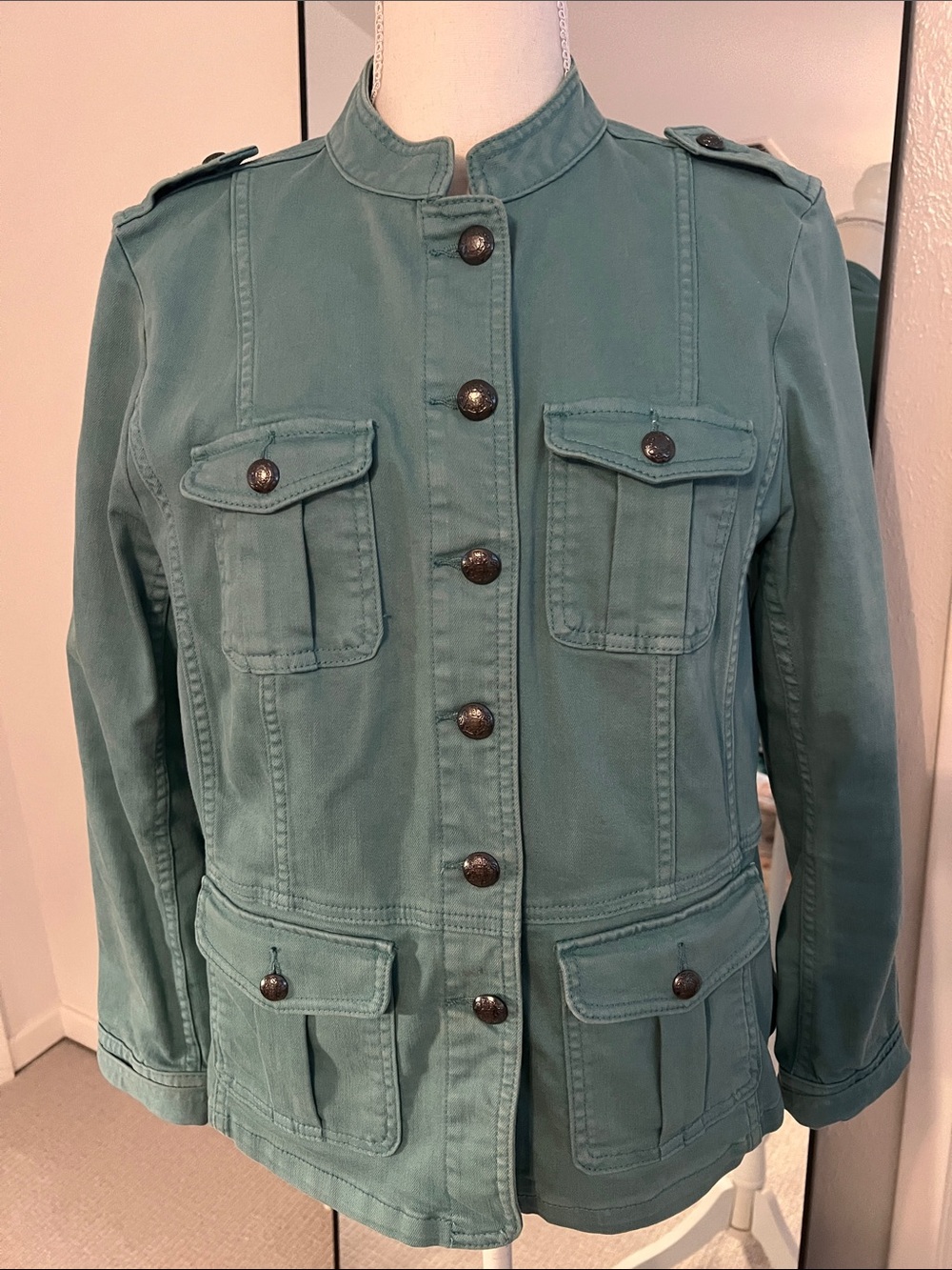 Talbots Dusty Green Teal Utility Jacket with Epaulets and Flap Pockets
